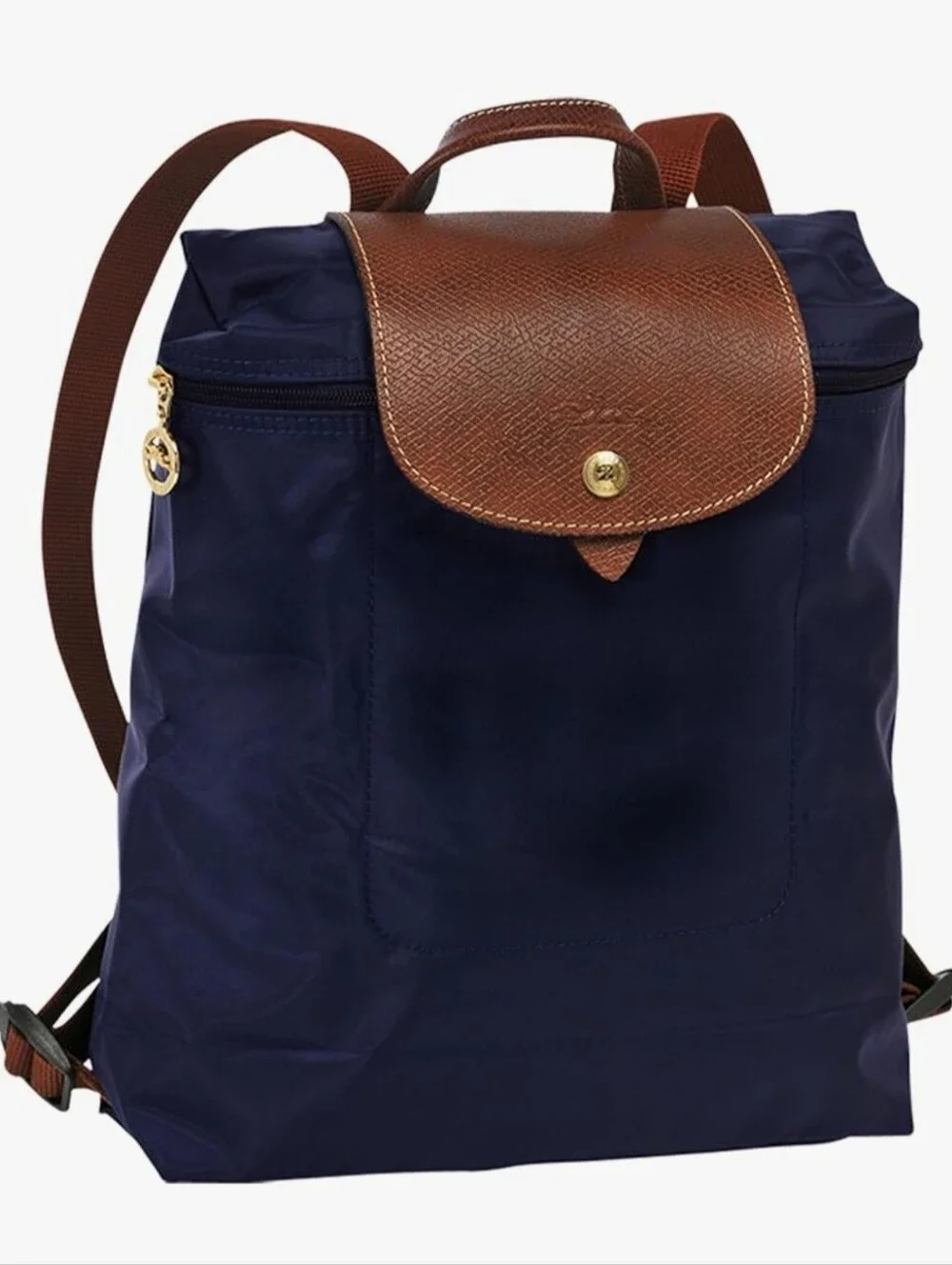 Longchamp Brown & Navy Nylon Backpack with Leather Flap - Picture 7 of 8